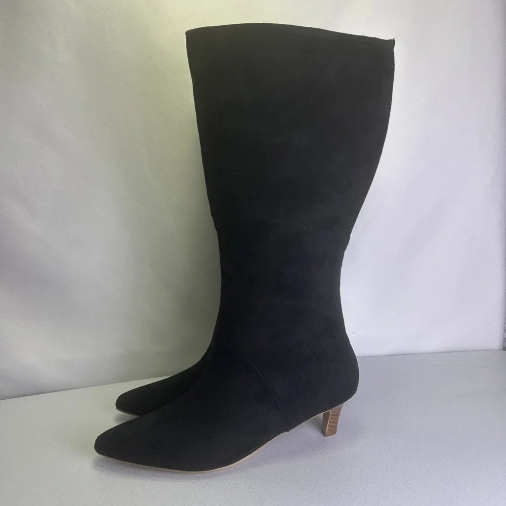 Coutgo Black Suede Knee High Boots Size 8.5 NIB Pointed Toe Kitten‎ Heel